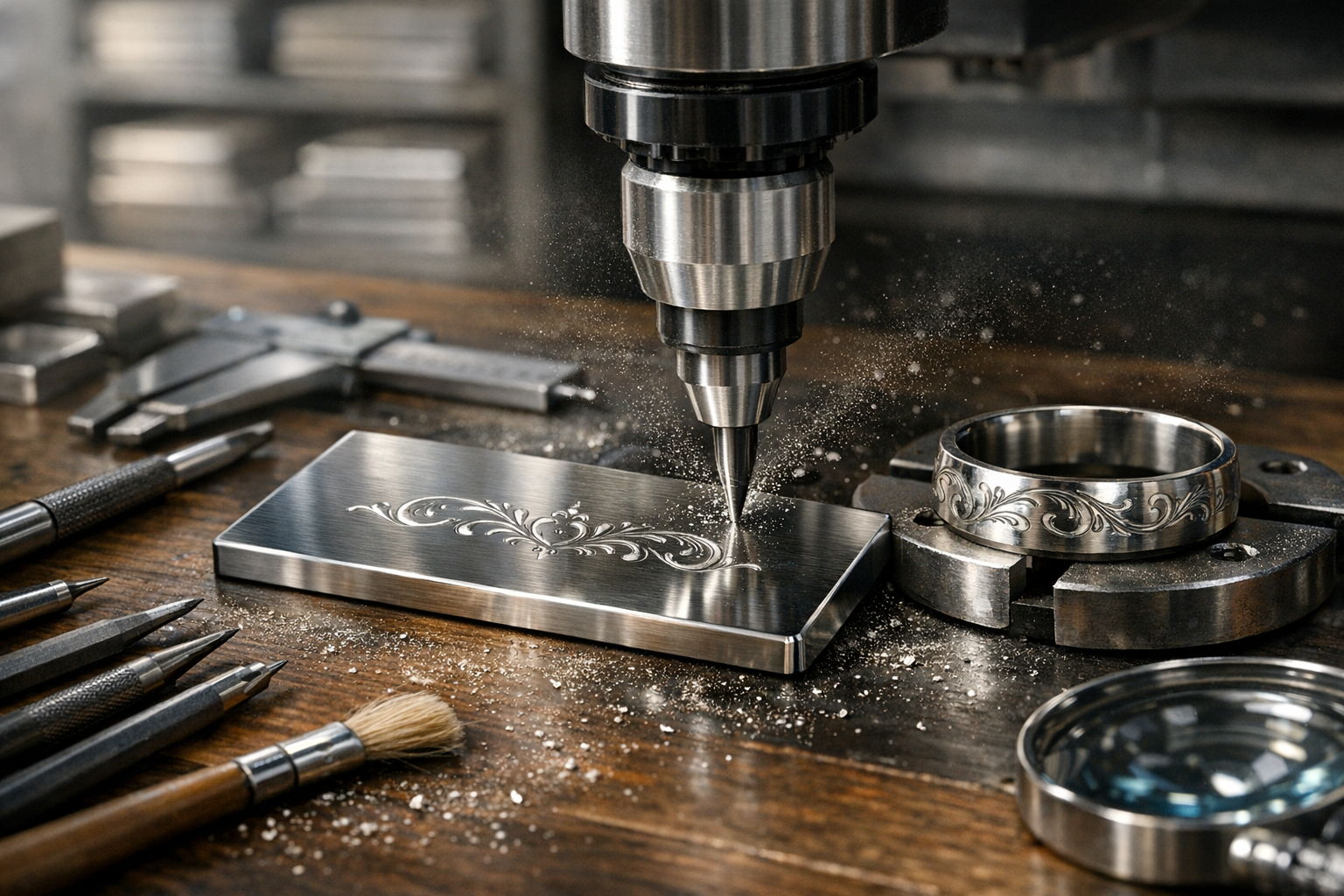 Wiązka lasera grawerującego w trakcie precyzyjnego znakowania metalu - widoczna ablacja materiału