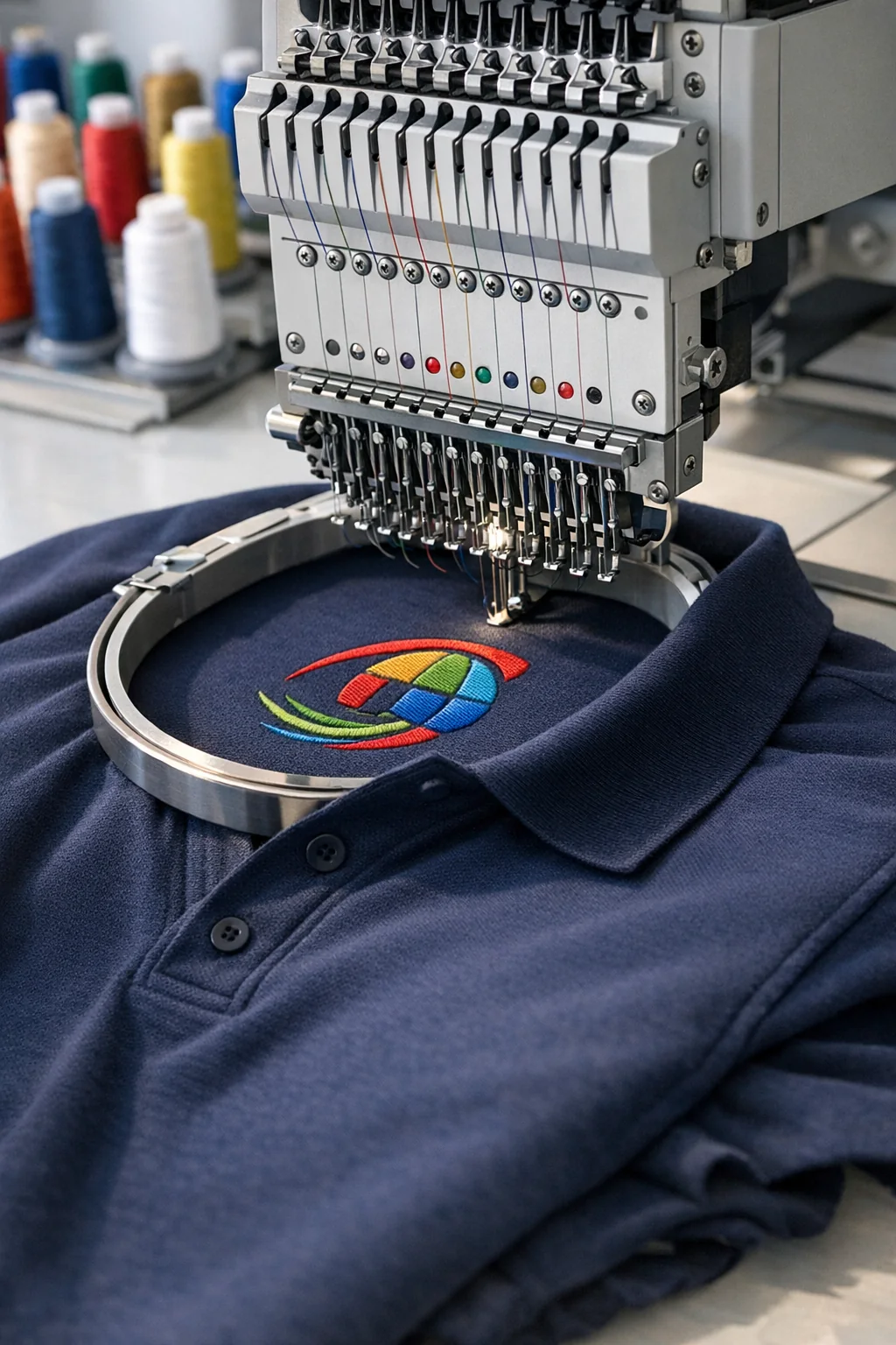 Haft komputerowy na granatowej koszulce polo