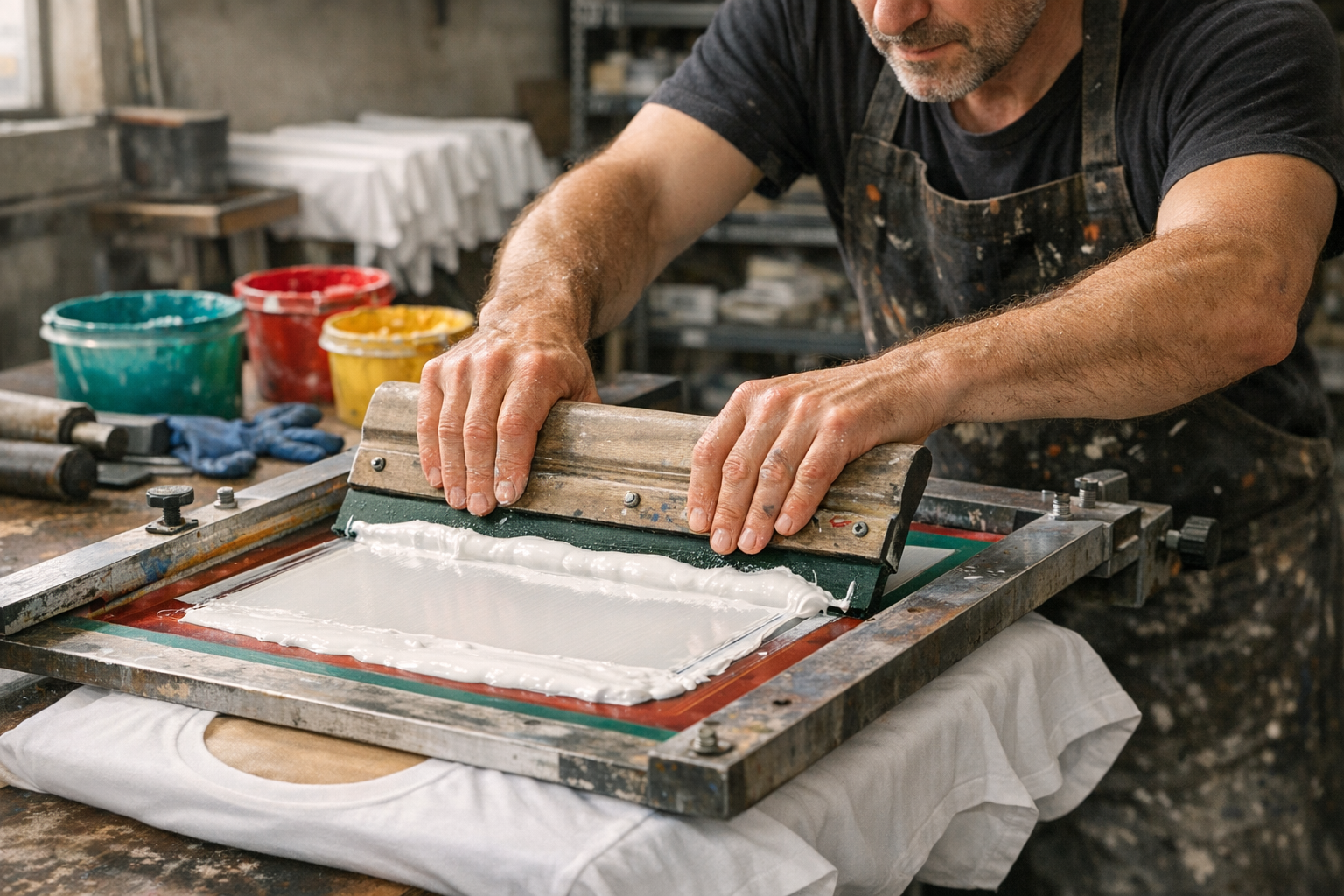 Maszyna do sitodruku karuzelowego w trakcie produkcji masowej - precyzyjne nakładanie farb Pantone